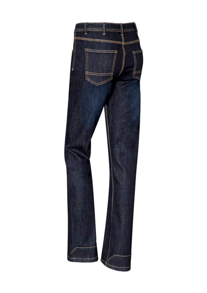 A pair of women's stretch denim work jeans in dark blue, featuring back pockets and contrasting stitching.