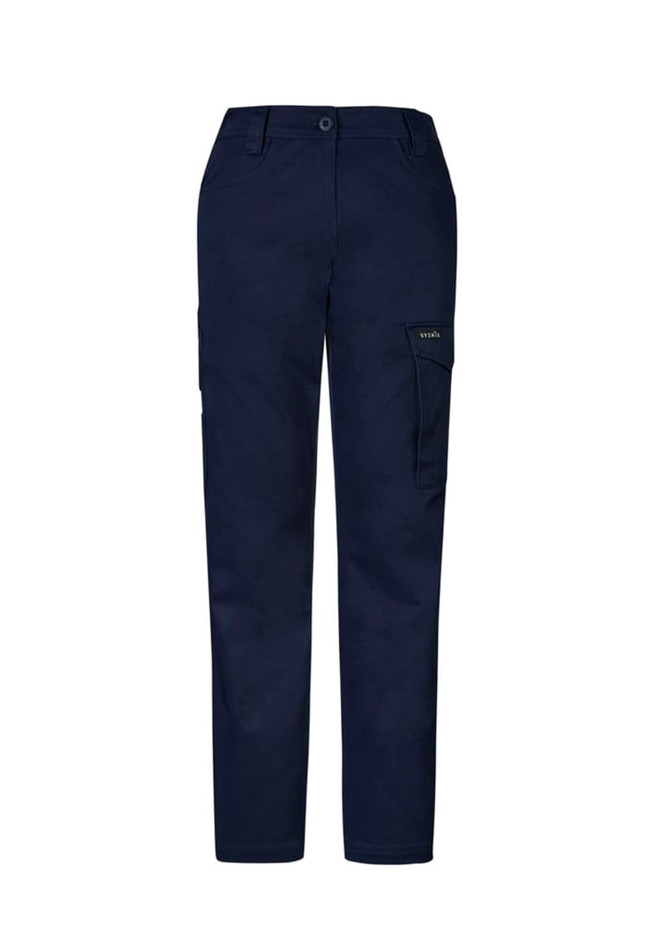 A pair of navy women's stretch cargo pants featuring a side pocket and a logo.