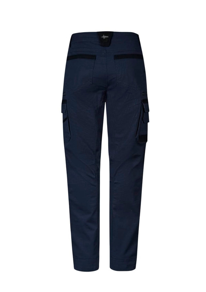 A pair of navy work pants featuring side pockets and a logo on the waistband.