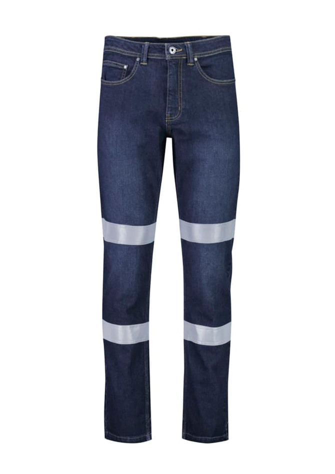 Men's blue stretch jeans featuring reflective strips on the legs, designed for workwear use and equipped with a logo.