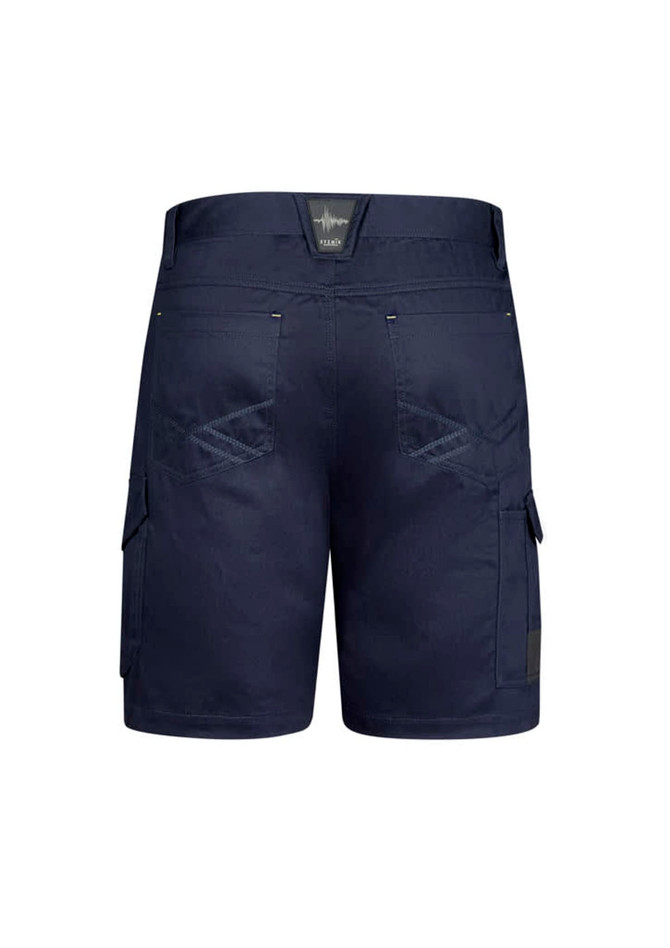 Men's navy cargo shorts featuring multiple pockets and a logo, designed for summer wear.