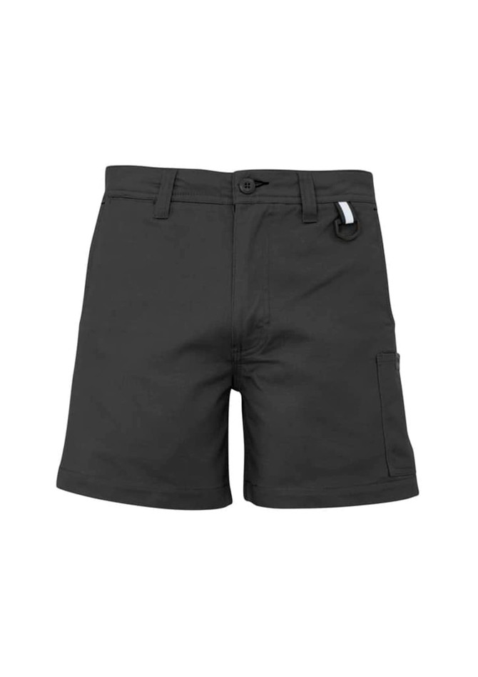 A pair of men's dress shorts in dark grey with a side pocket and a logo.