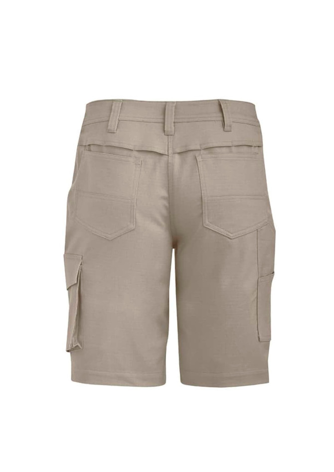 A pair of khaki women's rugged cooling vented shorts, featuring multiple pockets and a logo.