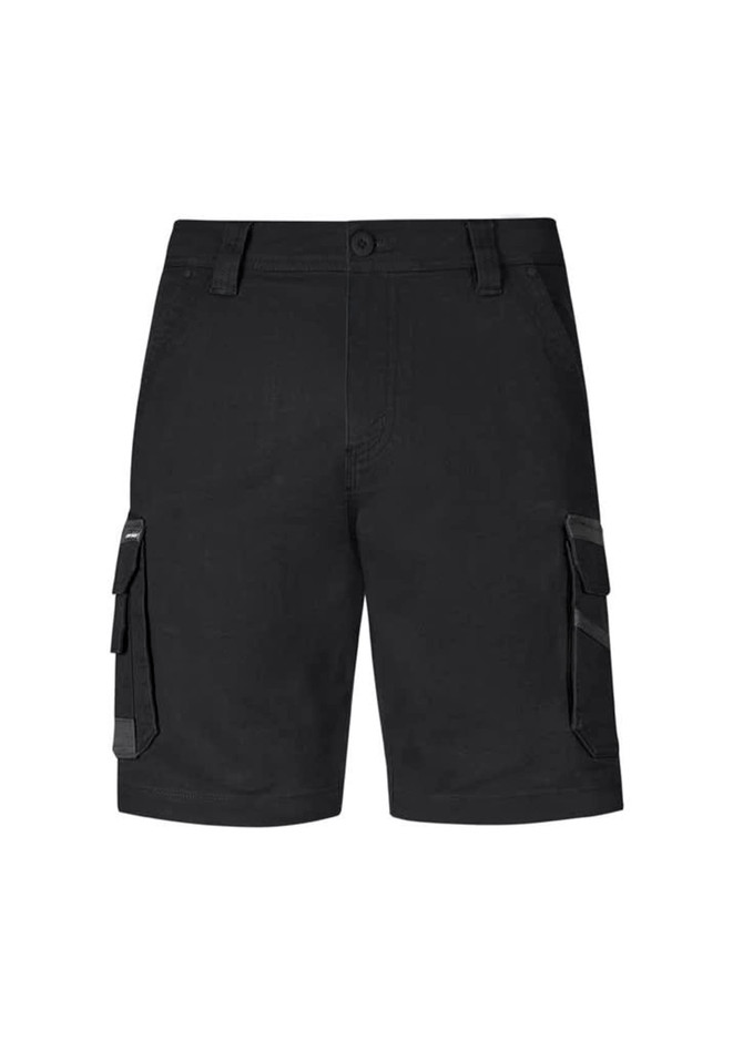 Black cargo shorts with multiple pockets and a waistband, featuring a logo. Suitable for workwear or casual wear.