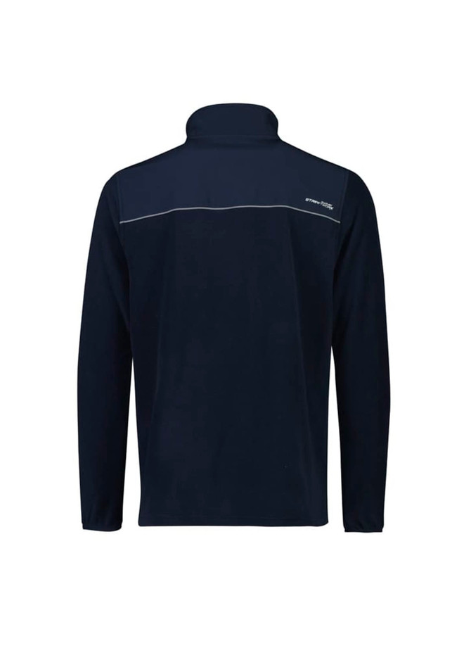 A navy unisex polar fleece with a 1/4 zip design, featuring a logo on the front.