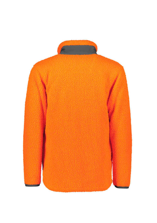A bright orange unisex full zip sherpa fleece jacket, featuring long sleeves and a high collar.