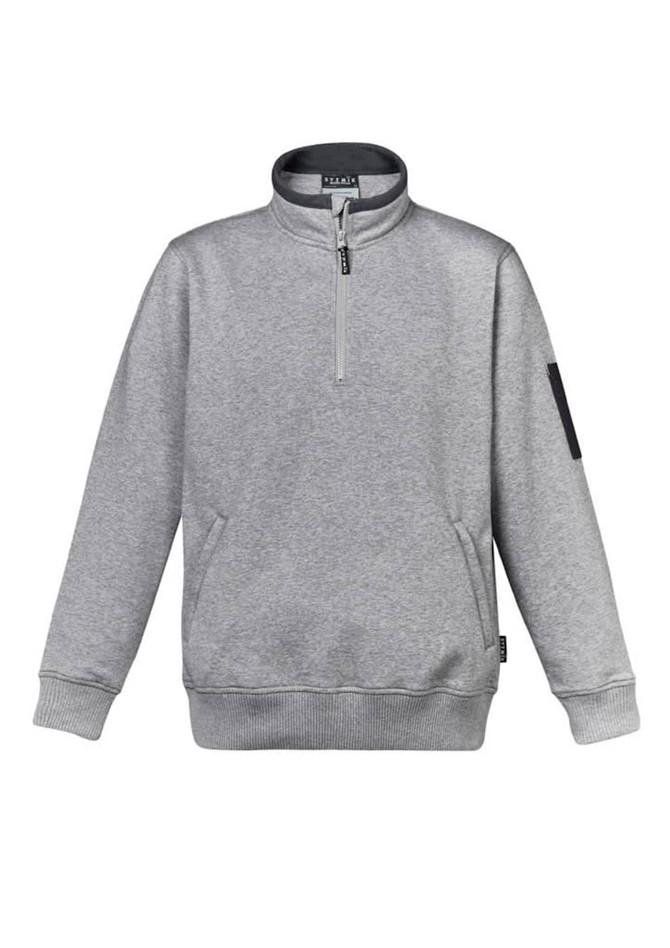 A grey unisex 1/4 zip brushed fleece pullover featuring a logo on the sleeve and ribbed cuffs.