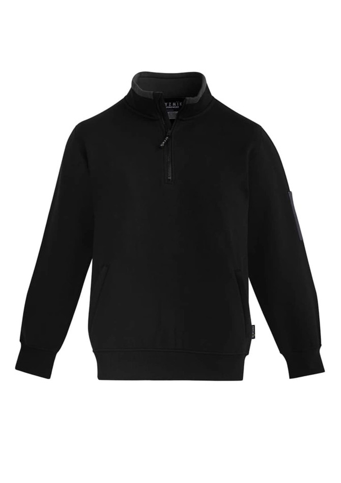 A black unisex 1/4 zip brushed fleece pullover with a logo and a front pocket.