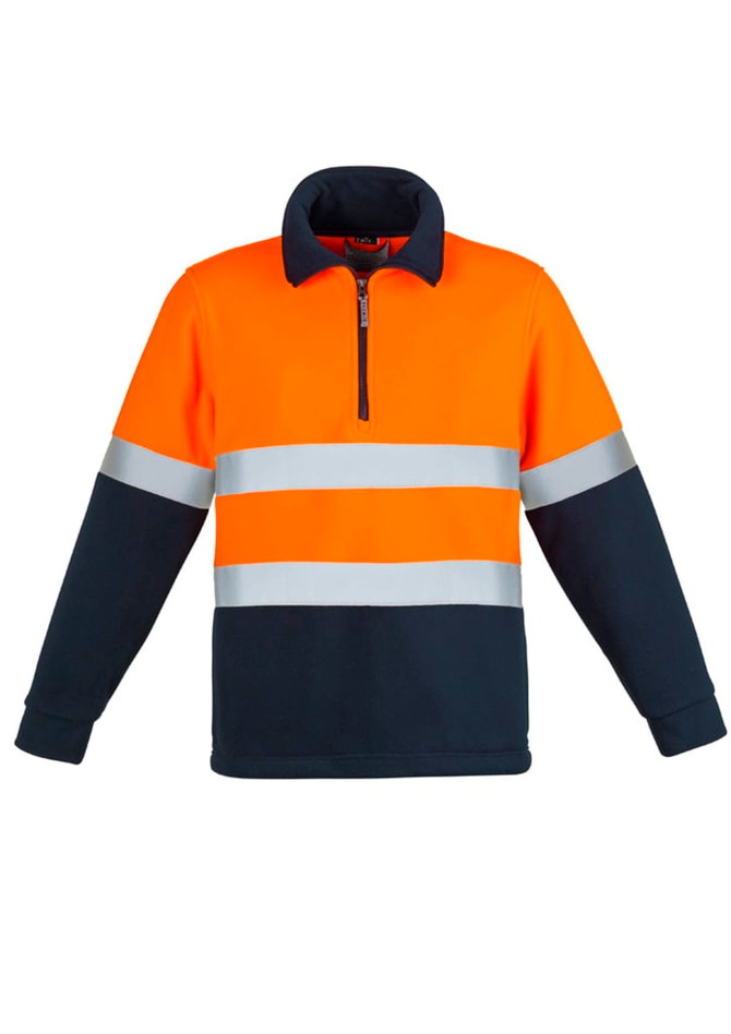 A unisex polar fleece pullover in orange and navy, featuring hoop-taped reflective strips and a quarter zip.