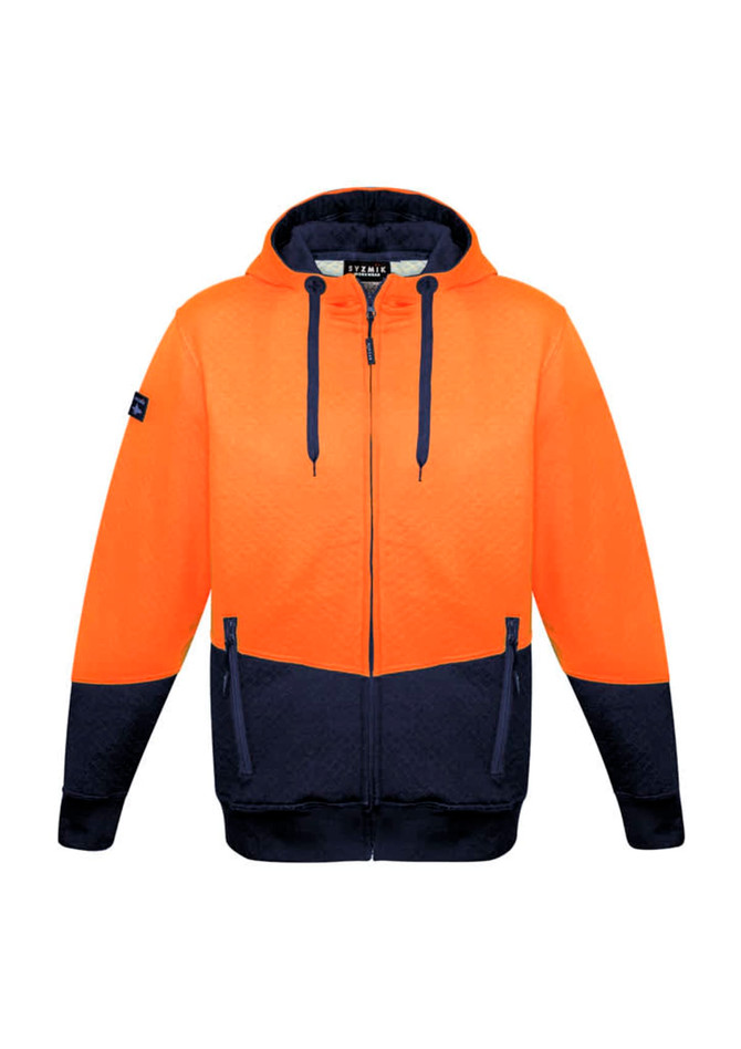 A unisex hi-vis textured jacquard full zip hoodie in orange and navy, featuring a logo.