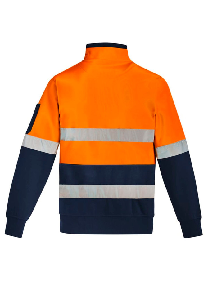 A unisex hi-vis pullover in orange and navy, featuring hoop tape for visibility and a branding logo on the sleeve.