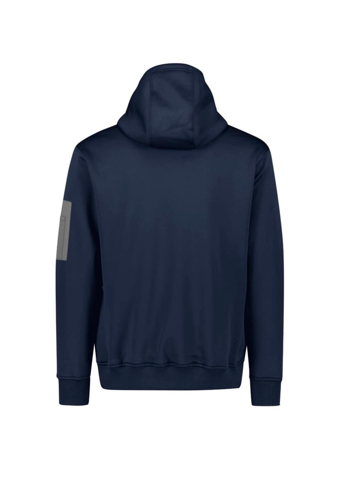 A navy unisex water-resistant hoodie with a hood and a logo on the sleeve.