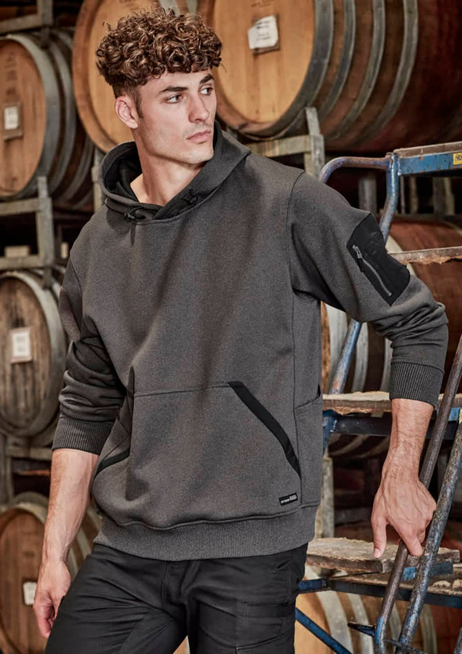 A unisex, water-resistant hoodie in dark grey, featuring a logo, front pockets, and a hood.