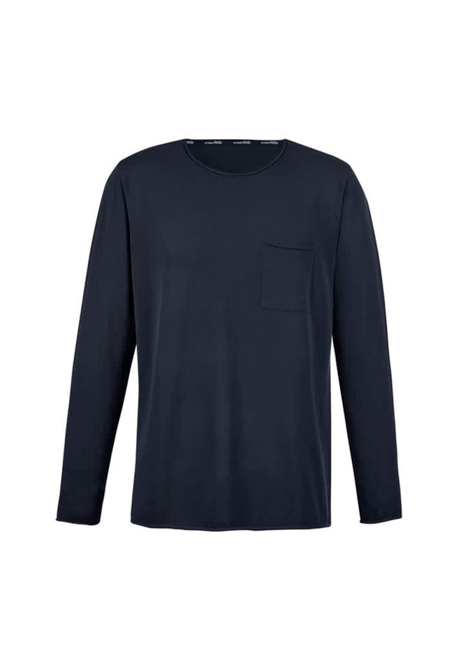 A unisex long-sleeve pullover in navy, featuring a pocket on the front and a logo.