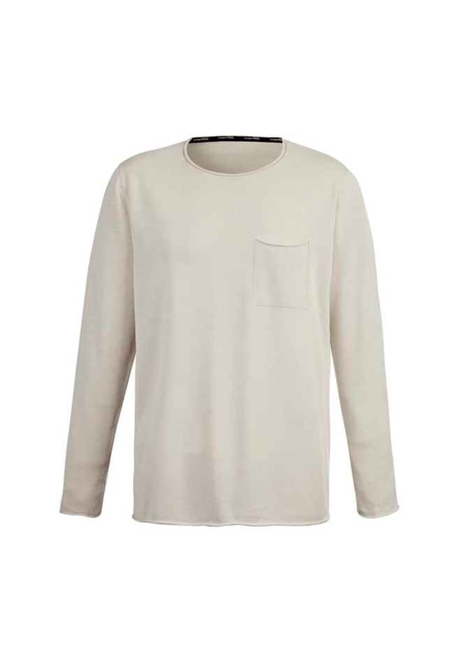 A light beige pullover with long sleeves and a pocket on the front, featuring a logo.