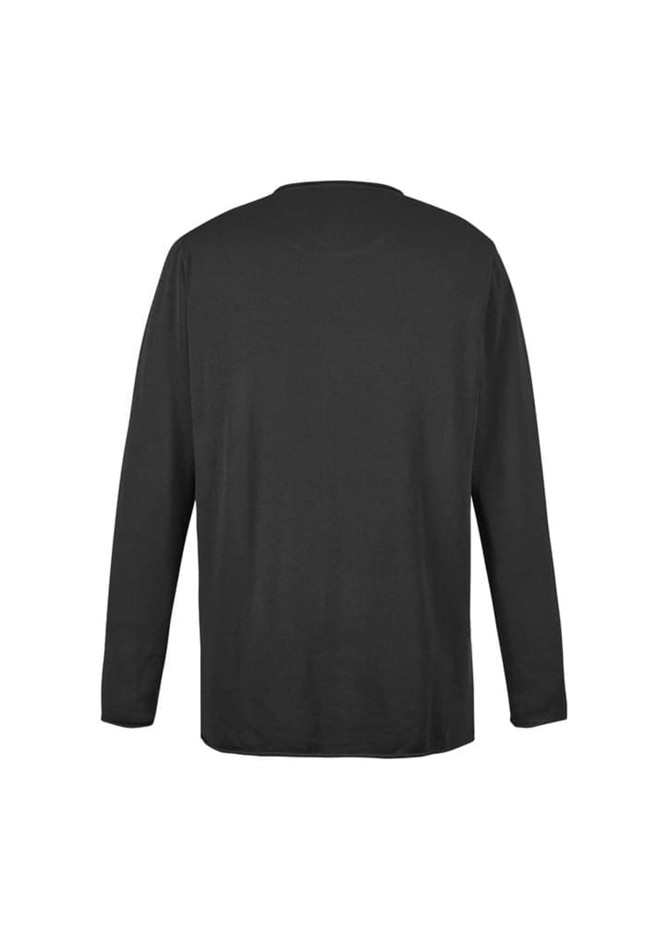 A black unisex pullover with long sleeves and a crew neck, featuring a branding logo.