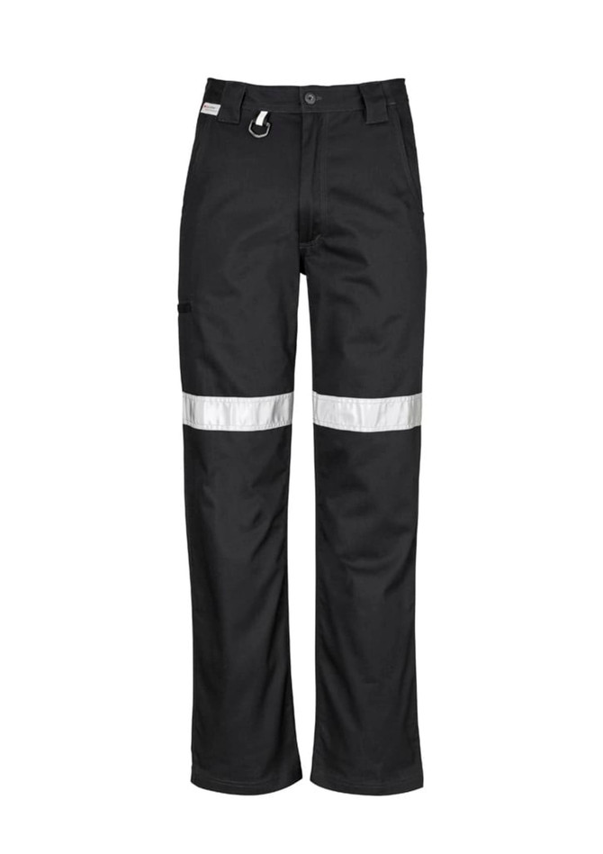 Black utility pants featuring reflective tape and a logo, designed for workwear.