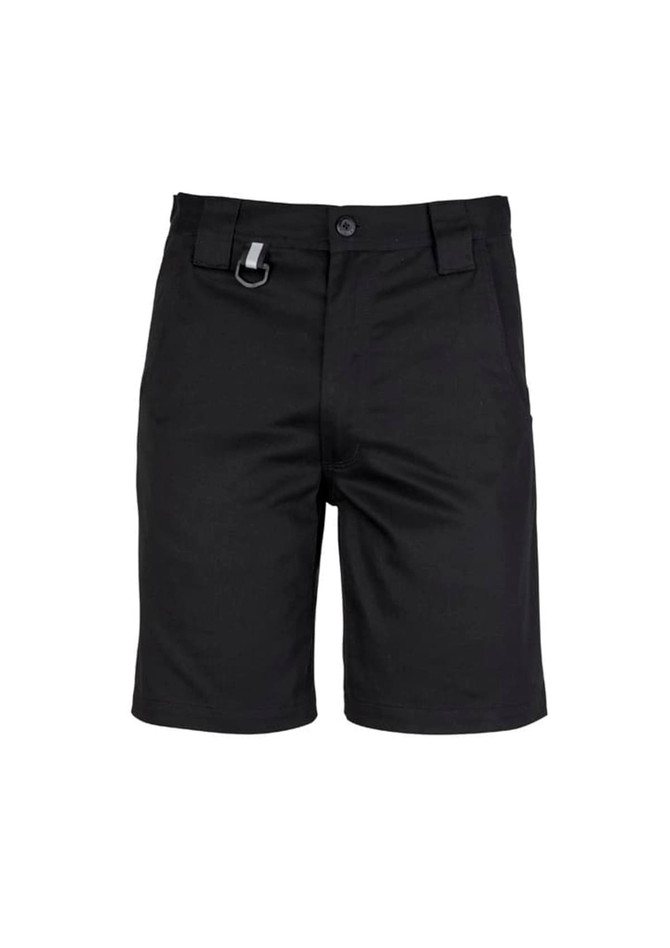 A pair of black men's plain utility shorts with a front button closure and a small attachment loop.