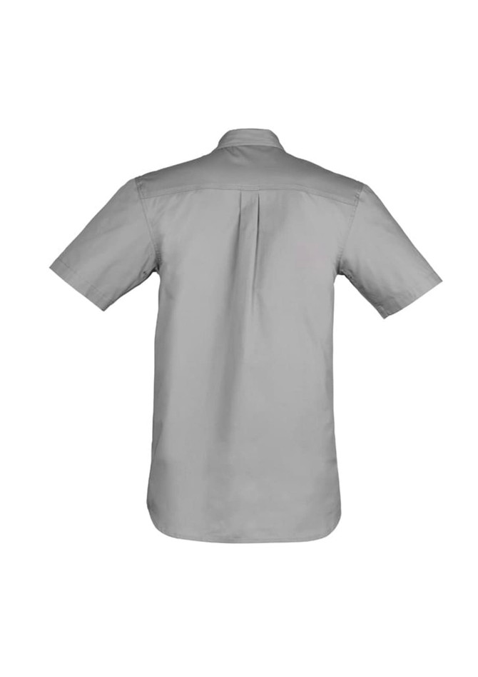 A lightweight grey short sleeve shirt designed for work, featuring a back pleat and a logo.