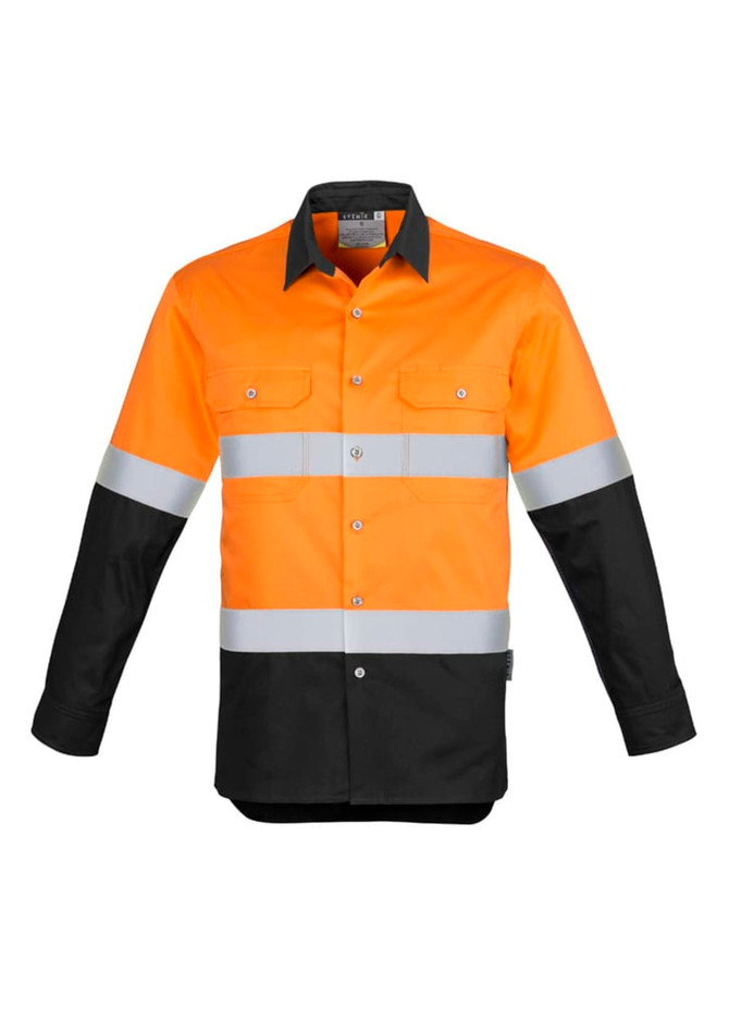 Men's long sleeve work shirt in high visibility orange and black, featuring reflective hoop tape and a logo.