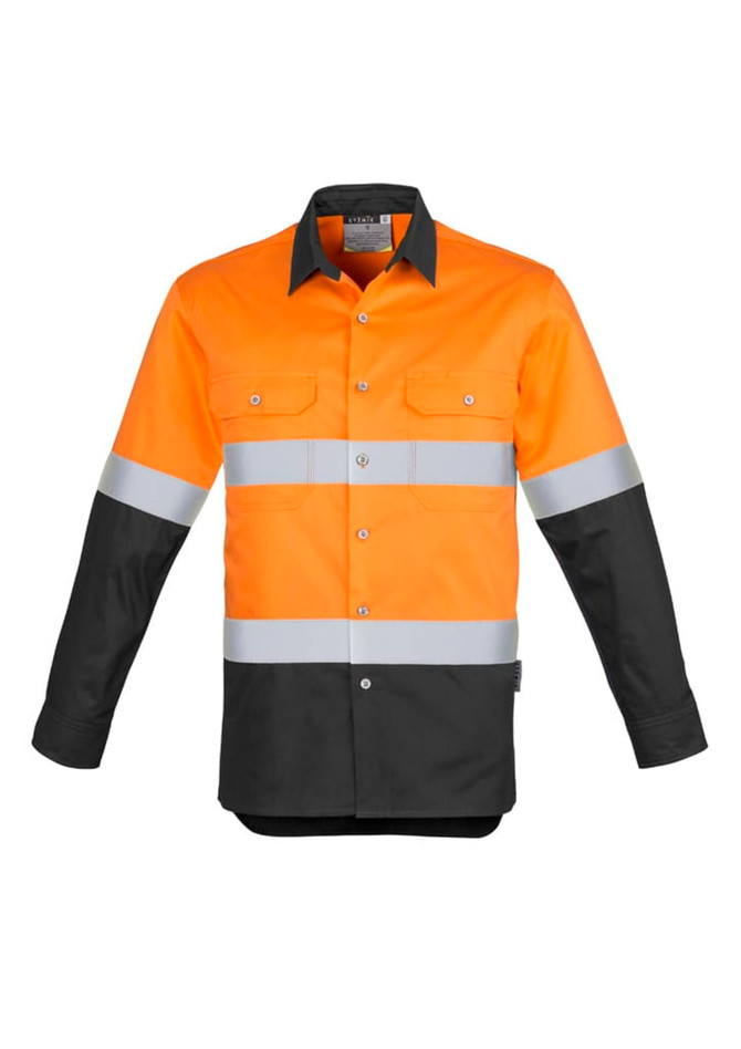 Men's industrial long sleeve shirt in orange and black, featuring hoop tape reflective strips and pockets. Includes logo branding.