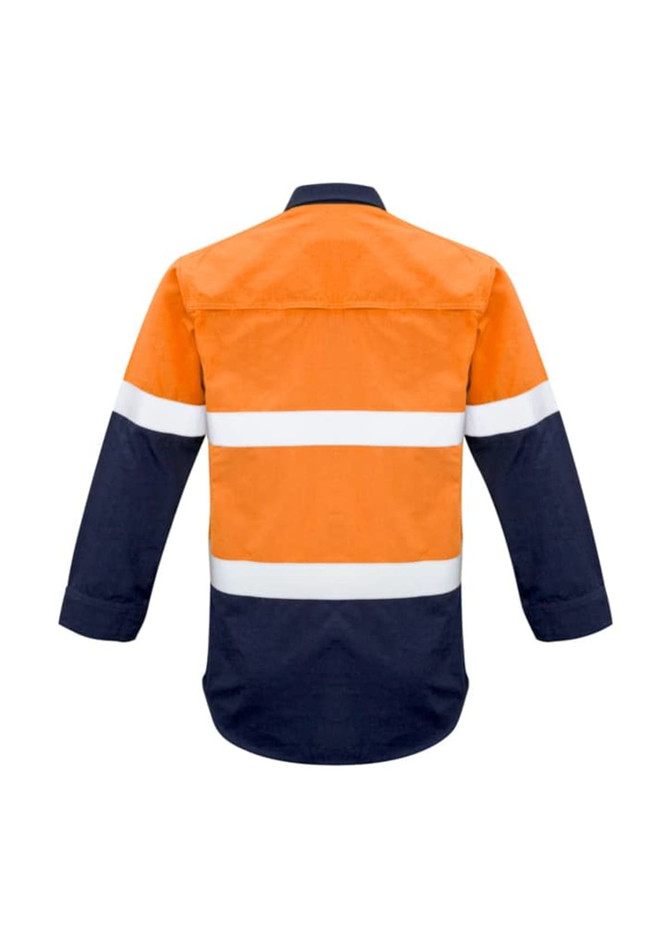 Orange and navy work shirt with hooped white tape, featuring a closed front and long sleeves. Includes a logo.