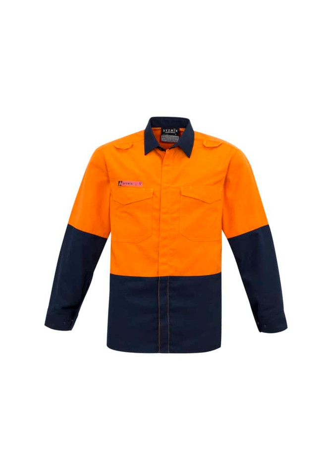 A high visibility spliced shirt featuring orange and navy colours, with two front pockets and a branding logo.