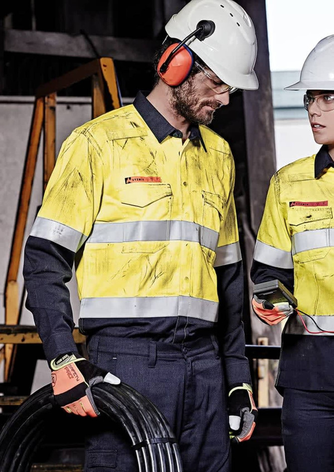 Hi-vis open front spliced work shirt in yellow and navy, featuring hoop taping and a logo.