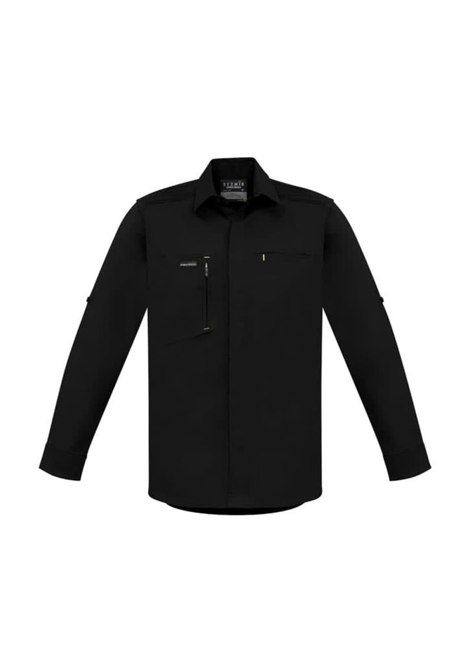 A black long-sleeve stretch shirt featuring a front pocket and a logo. Suitable for workwear purposes.