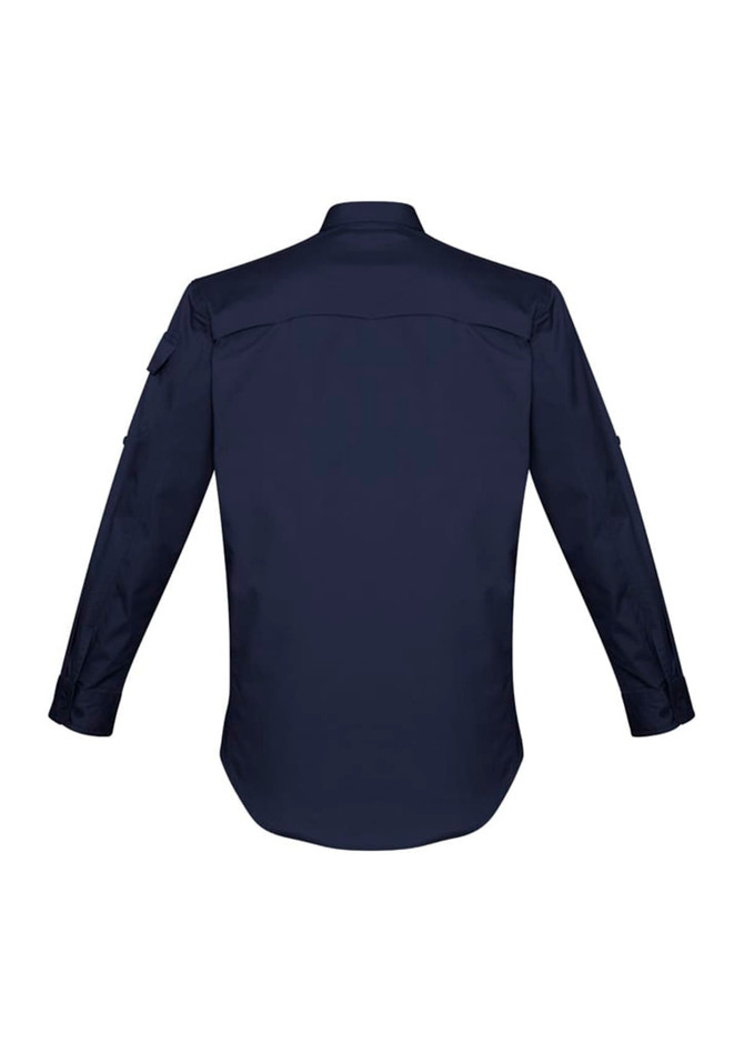 A navy long sleeve shirt with a button-up design and shoulder pockets. The shirt features a logo on one side.