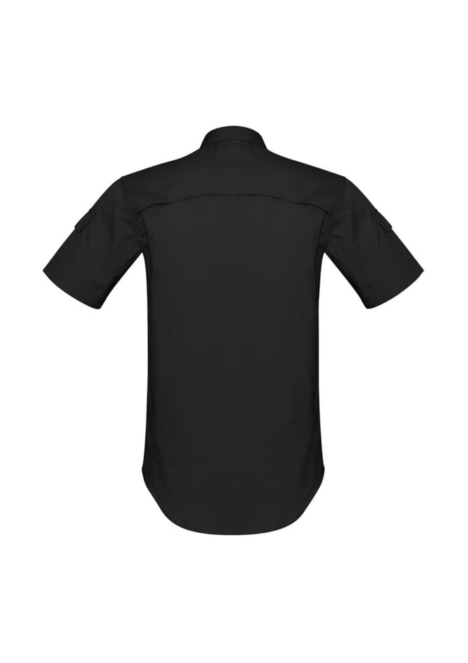 A black short sleeve shirt with a relaxed fit, featuring a back yoke and two side pockets.