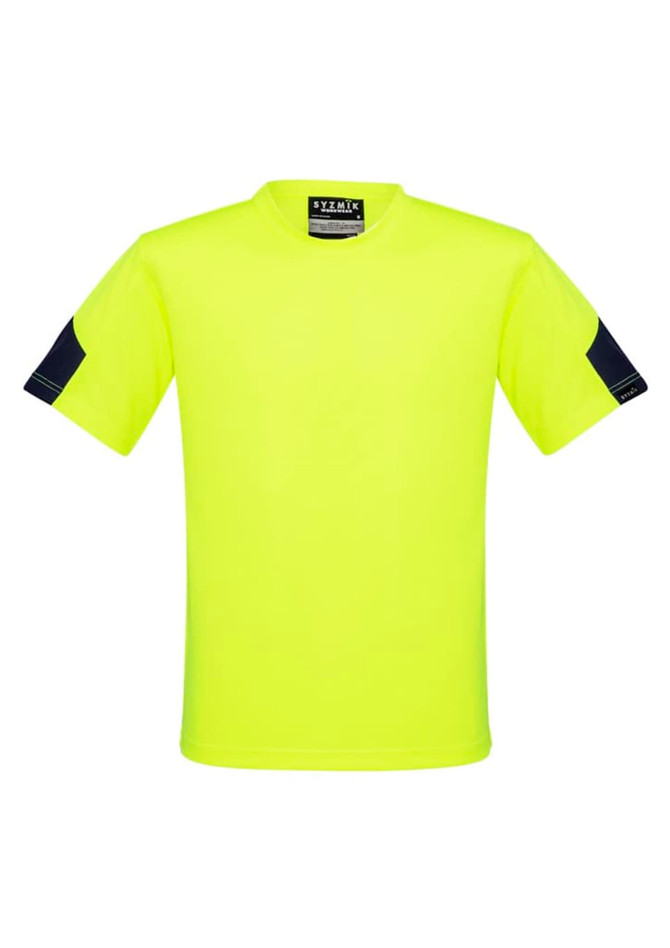 A bright yellow work t-shirt with dark navy blue sleeves and a logo on the front.