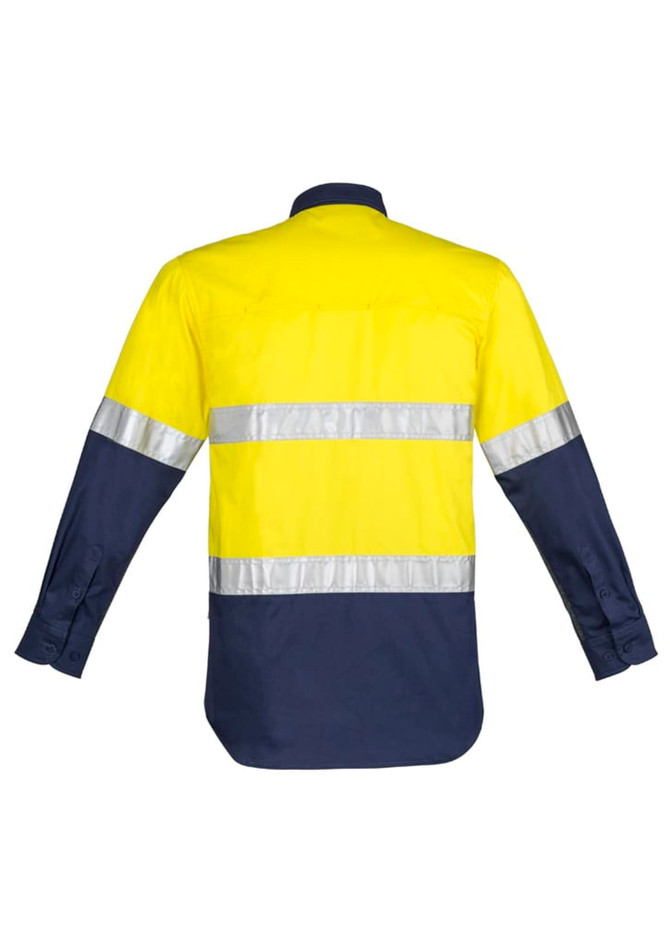 A long sleeve work shirt in yellow and navy, featuring hoop tape reflective stripes and a rear view.