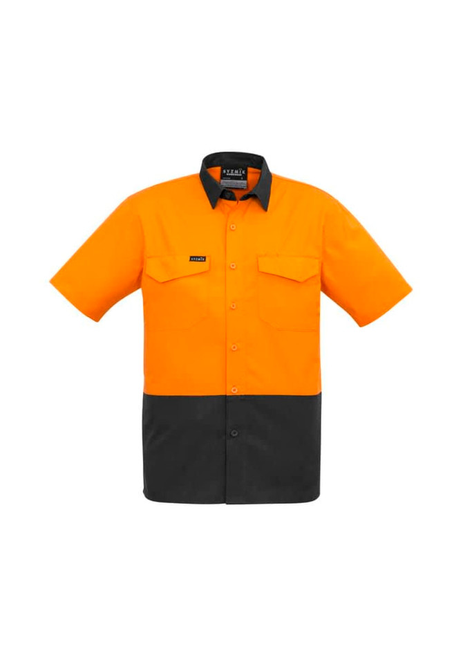 A short sleeve shirt in orange and black with a collar, featuring front pockets and a logo on the chest.