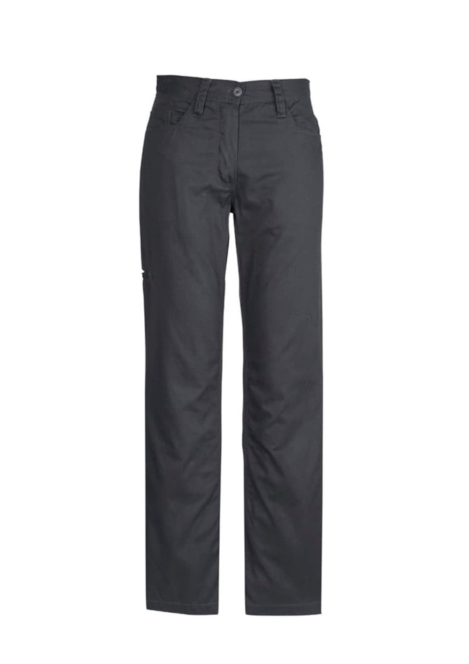 A pair of women's plain utility pants in black, featuring a logo and multiple pockets.