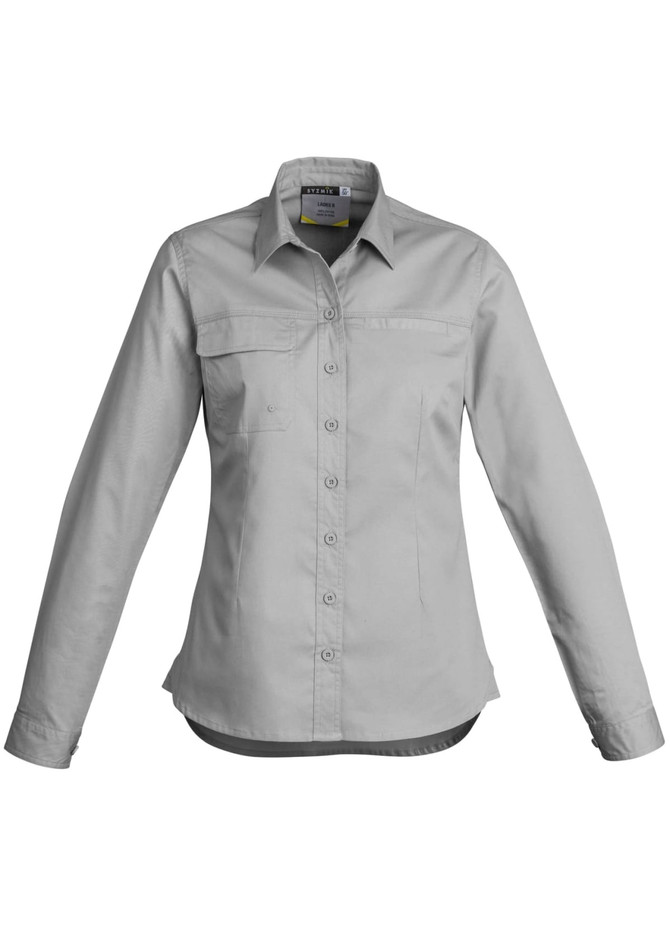 A women's lightweight long sleeve shirt in light grey with a button-up front and chest pocket, featuring a logo.