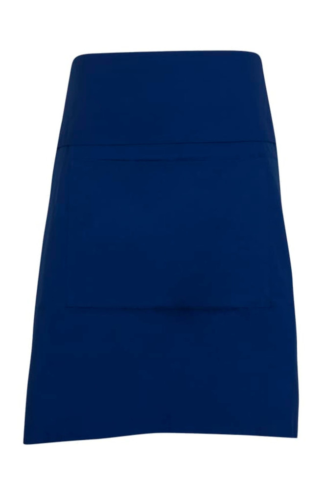 A short waist apron in navy blue, made from 100% cotton canvas, featuring a front pocket and a logo.