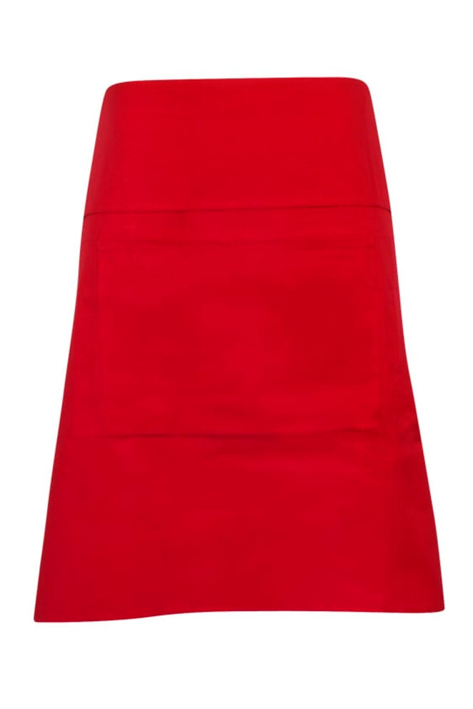 A red short waist apron made from 100% cotton canvas, featuring a front pocket and a logo.