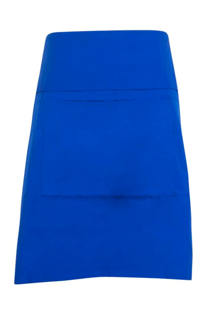A blue short waist apron made of 100% cotton canvas with a front pocket. Features a branding logo.