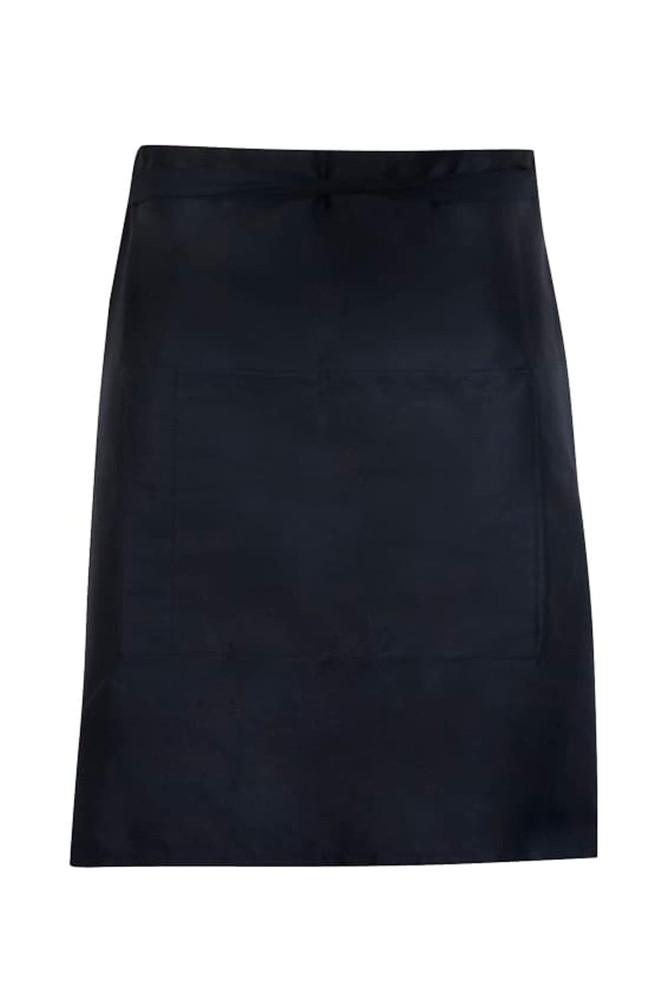 A short waist apron made of 100% cotton canvas in black, featuring a front pocket and a simple design.