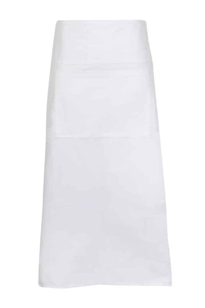 A long white apron made of 100% cotton canvas with a front pocket and a plain design.