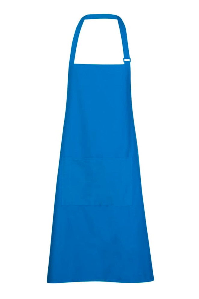 A blue full-bib apron made of 100% cotton canvas, featuring a strap and pocket. Contains a logo.