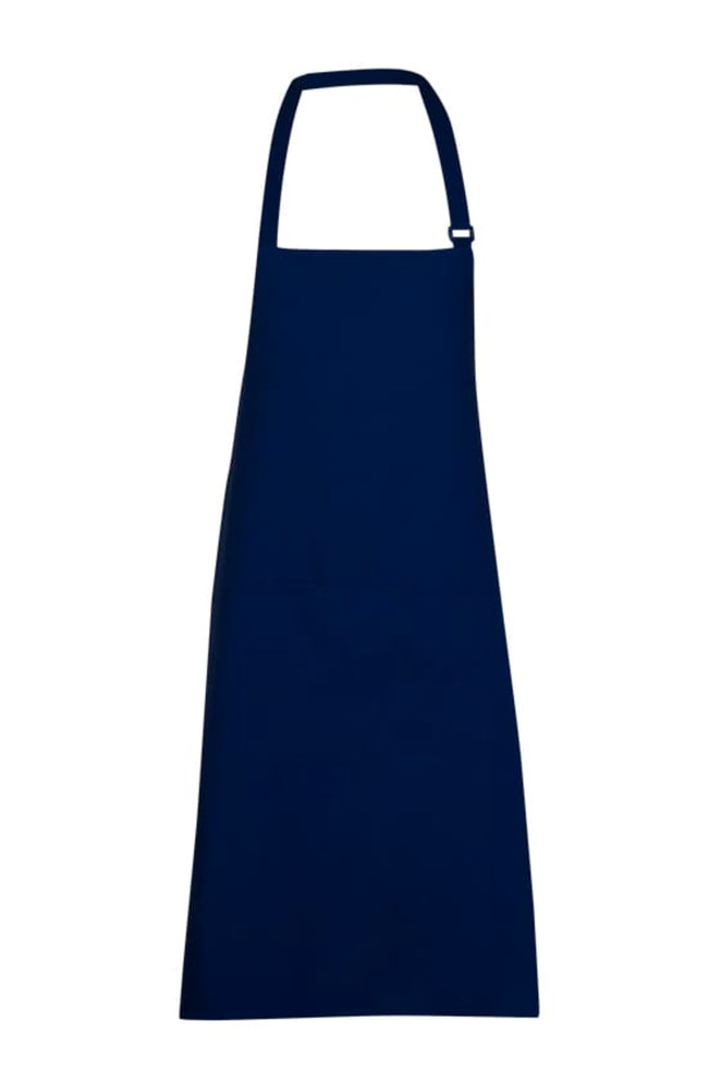A navy blue full-bib apron made from 100% cotton canvas, featuring a logo and adjustable neck strap.