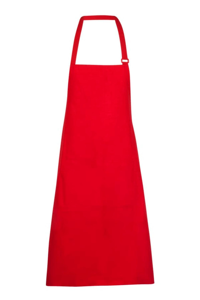 A red full-bib apron made from 100% cotton canvas, featuring an adjustable neck strap and a logo.