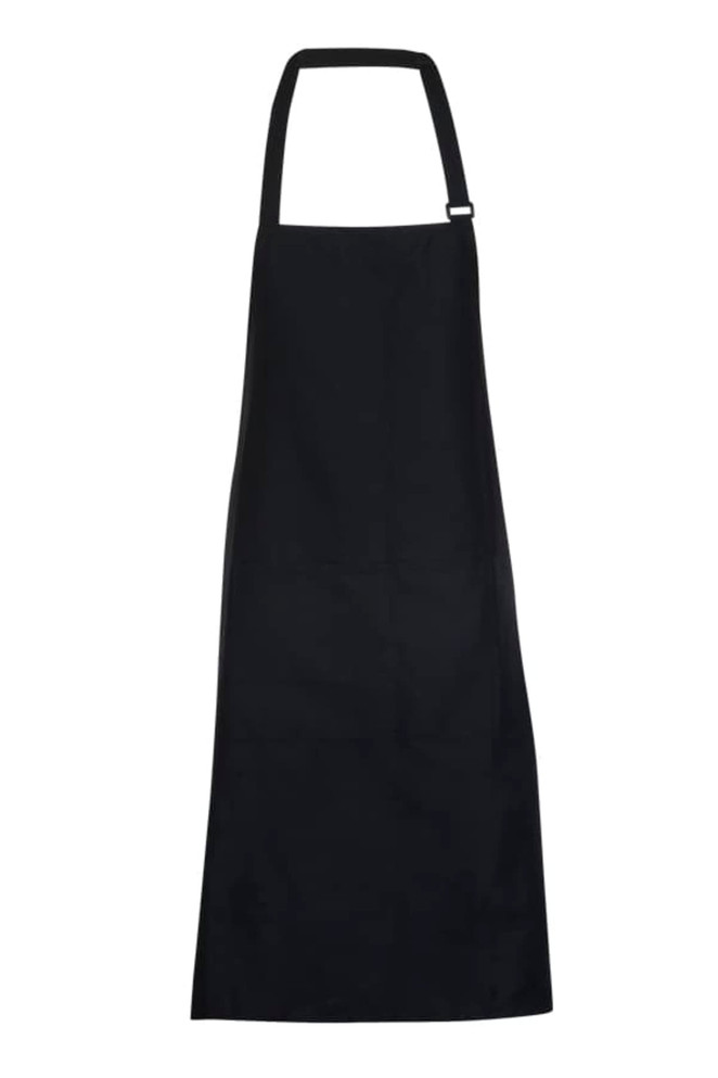 A black full-bib apron made from 190 gsm poly/cotton, featuring an adjustable neck strap and a logo.