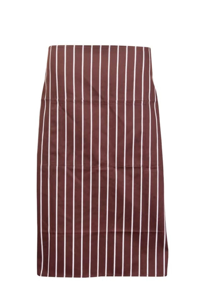 A full-waist striped apron in burgundy and white, featuring vertical stripes and a logo.