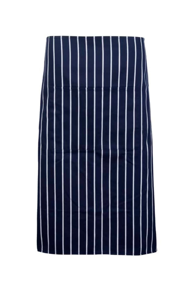 A striped apron in navy blue with white vertical stripes, featuring a branding logo.
