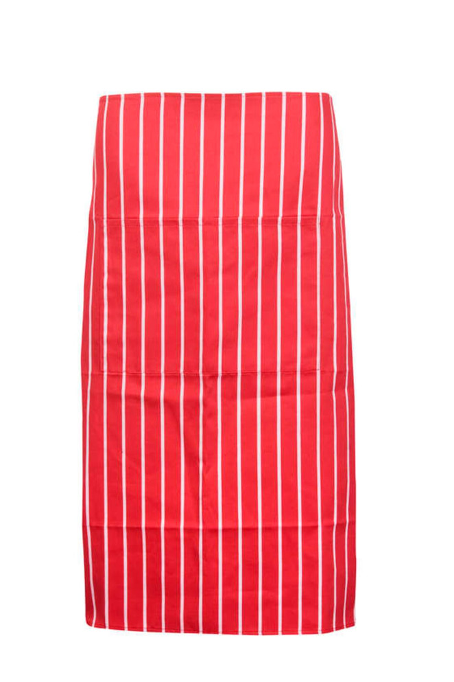 A red and white striped full-waist apron with a simple design and no visible logos.