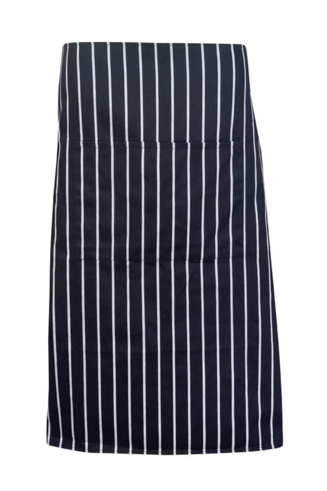 A striped full-waist apron in black and white, featuring vertical stripes and a simple design. It has a logo.