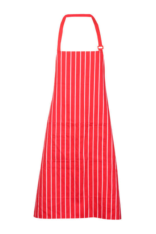 A red and white striped full bib apron, featuring a neck strap and a logo on the fabric.
